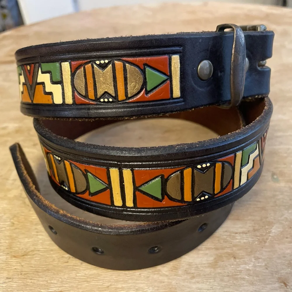 Vintage Colorful Painted Leather Belt with Geometric Southwest Pattern Design